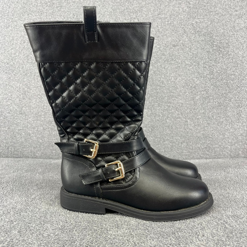 Dream Pairs Tall Quilted Boots Kids Size 2 Black Double Buckle Side Zip Riding